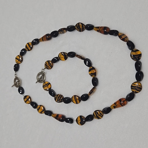 Amber And Black Beaded Necklace and Bracelet Set